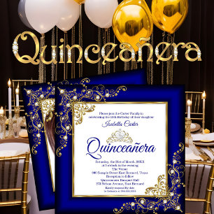 Convite Quinceanera 15º Tiara Pérola Azul Real Dourada Fot