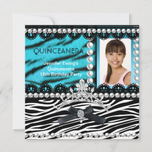 Convite Quinceanera 15º Tiara Pérola Preto Teal Zebra