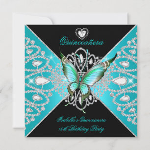 Convite Quinceanera 15º Tiara Teal Azul Preto Borboleta