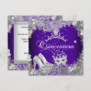 Convite Quinceanera 15º Tiaro de Máscara de Prata Roxa