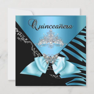Convite Quinceanera 15 Aniversário Tiaras Azul Preto Zebra