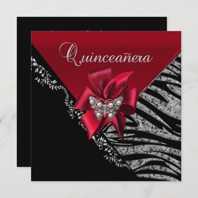 Convite Quinceanera 15 Aniversário Zebra Red Black Silver (Frente/Verso)