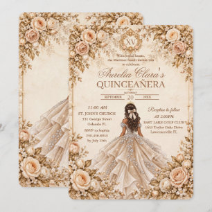 Convite Quinceañera 15 Anos Champagne Floral Vintage Doura