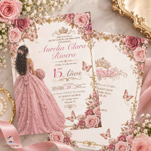 Convite Quinceañera 15 Anos Dourado Rosa Floral Princesa