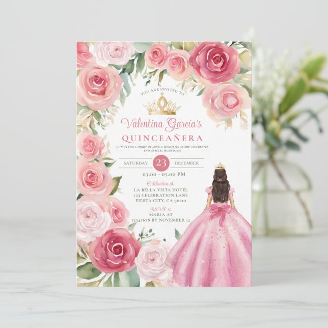 Convite Quinceañera 15 Anos Flores Dourados (Em pé/Frente)