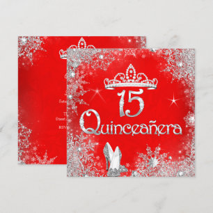 Convite Quinceanera 15 Anos Prata Vermelho Flocos de Neve 