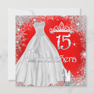 Convite Quinceanera 15 Anos Prata Vermelho Flocos de Neve 