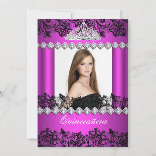 Convite Quinceanera 15 Anos Rosa Choque Preto Branco Renda