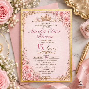 Convite Quinceañera 15 Anos Rosa Floral Vintage Dourado