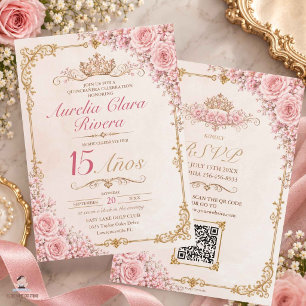 Convite Quinceañera 15 Anos Rosa Floral Vintage Ouro QR