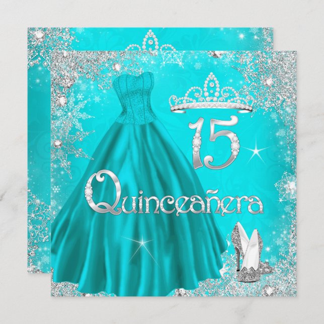 Convite Quinceanera 15 Aqua Silver Snowflakes Partido 2 (Frente/Verso)