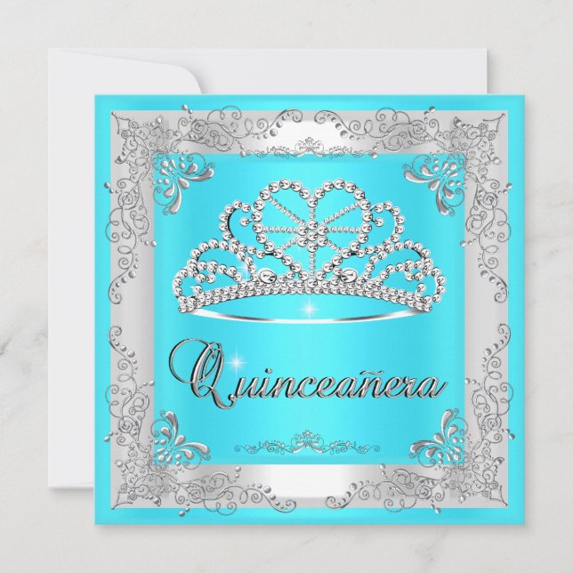 Convite Quinceanera 15 Birthday Aqua Blue Silver Tiara (Frente)