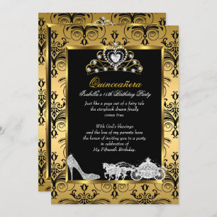 Convite Quinceanera 15 Birthday Black Dourada Damask