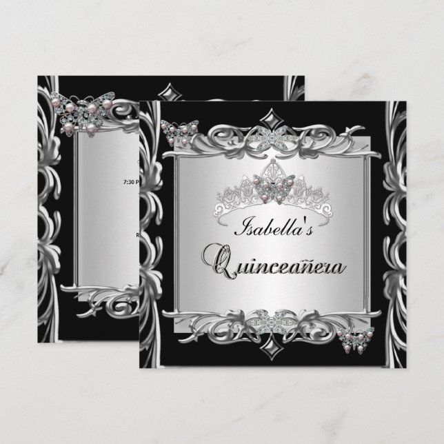 Convite Quinceanera 15 Birthday Borboletas Prateadas Preto (Frente/Verso)