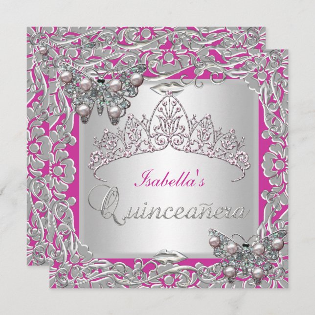 Convite Quinceanera 15 Birthday Borboletas Silver Pink (Frente/Verso)