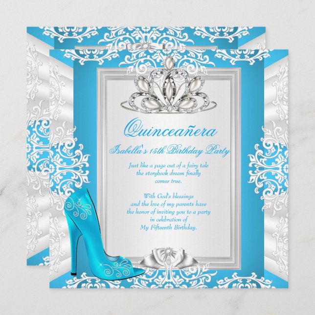 Convite Quinceanera 15 Birthday Cinderella Blue Heel (Frente/Verso)