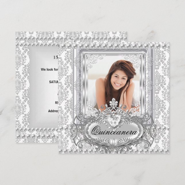 Convite Quinceanera 15 Birthday Damask Silver White (Frente/Verso)
