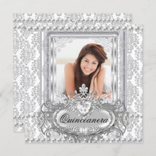 Convite Quinceanera 15 Birthday Damask Silver White
