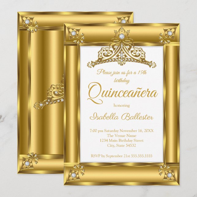 Convite Quinceanera 15 Birthday Dourada Diamond Tiara 2 (Frente/Verso)