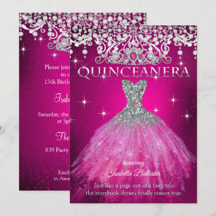 Convite Quinceanera 15 Birthday FUCHSIA Rosa Tiara
