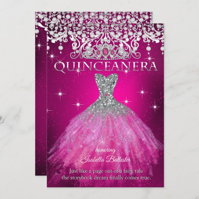 Convite Quinceanera 15 Birthday FUCHSIA Rosa Tiara (Frente/Verso)