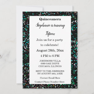 Convite Quinceanera 15 Birthday Glitter Black Multicolor