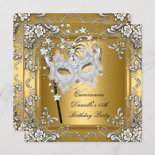 Convite Quinceanera 15 Birthday Mascarada Mask Dourado (Frente/Verso)