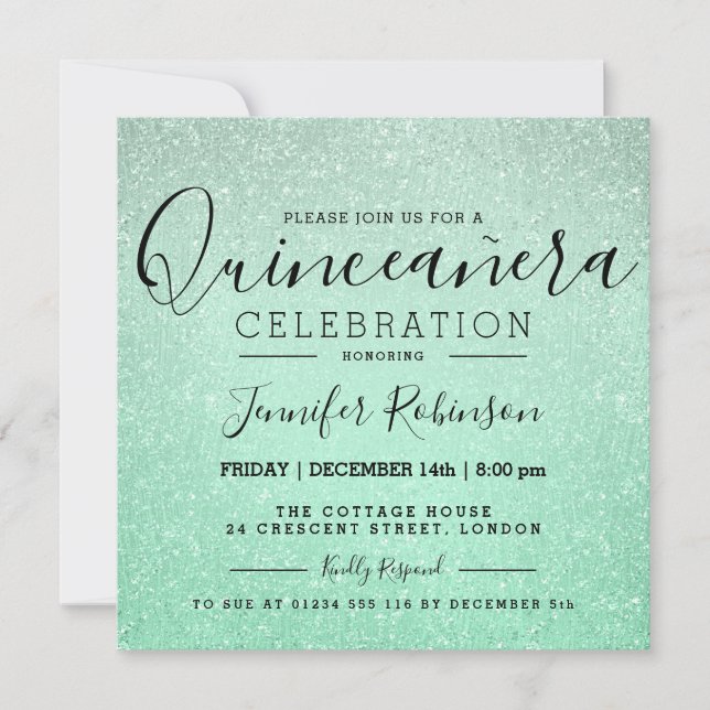 Convite Quinceanera 15 Birthday Mint Glitter (Frente)
