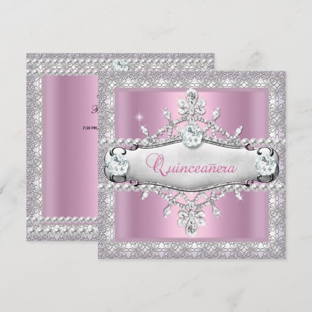 Convite Quinceanera 15 Birthday Pink Diamond Tiara (Frente/Verso)