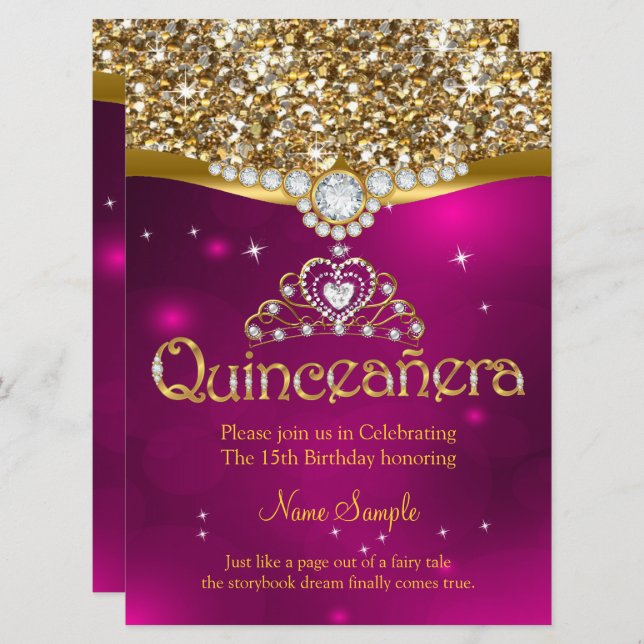 Convite Quinceanera 15 Birthday Pink Glitter Dourado (Frente/Verso)