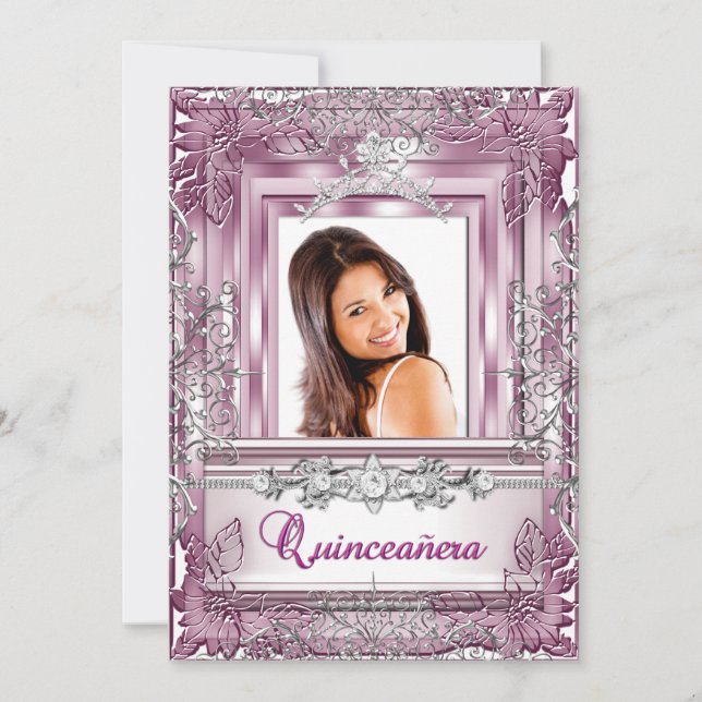 Convite Quinceañera 15 Birthday Pink Silver Tiara (Frente)