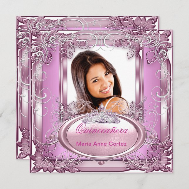 Convite Quinceañera 15 Birthday Pink White Silver Tiara (Frente/Verso)