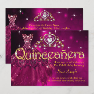 Convite Quinceanera 15 Birthday Plum Pink Vestido Tiara