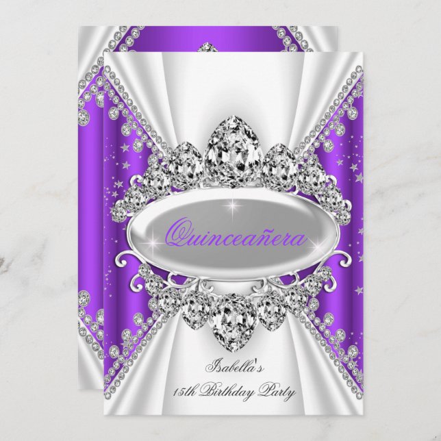 Convite Quinceanera 15 Birthday Princesa Roxo Tiara (Frente/Verso)