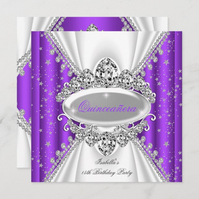 Convite Quinceanera 15 Birthday Princesa Roxo Tiara (Frente/Verso)