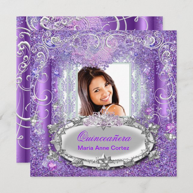 Convite Quinceañera 15 Birthday Purple Glitter (Frente/Verso)