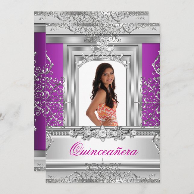 Convite Quinceañera 15 Birthday Purple Silver Tiara (Frente/Verso)