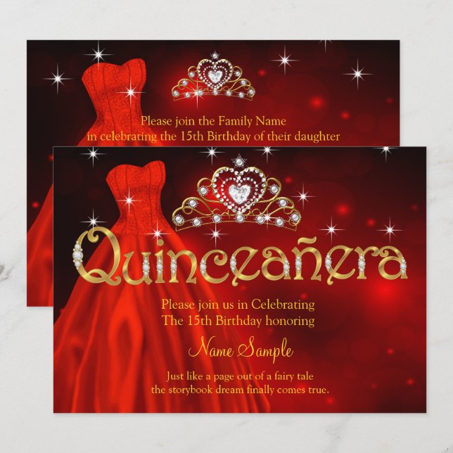 Convite Quinceanera 15 Birthday Regal Vestido Vermelho Tia (Frente/Verso)