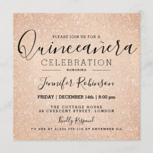 Convite Quinceanera 15 Birthday Rosa Dourada Glitter