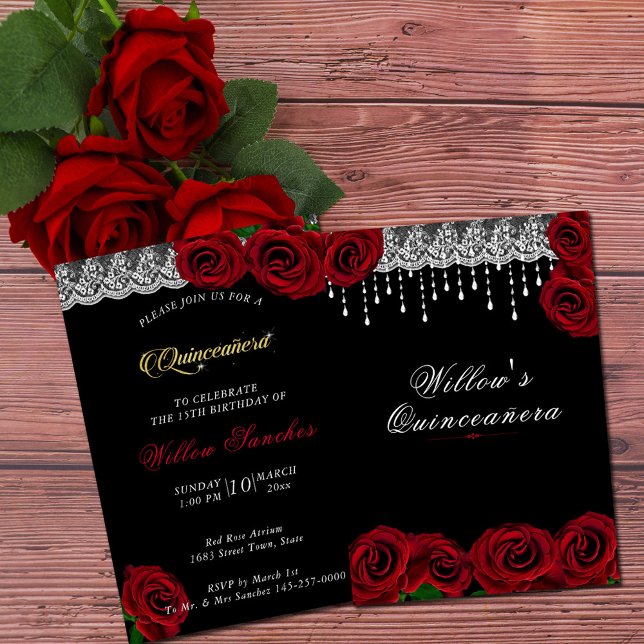 Convite Quinceanera 15 Birthday Rosa vermelha White Lace (Red Roses Quinceanera Invitation)