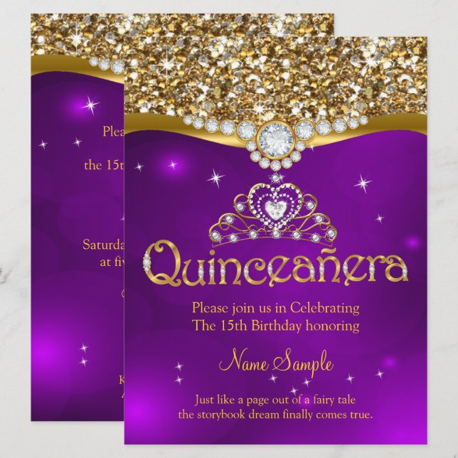 Convite Quinceanera 15 Birthday Roxo Glitter Dourado (Frente/Verso)