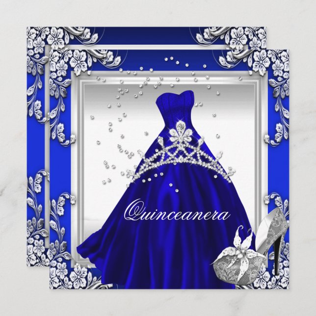 Convite Quinceanera 15 Birthday Royal Blue Dress Gown (Frente/Verso)