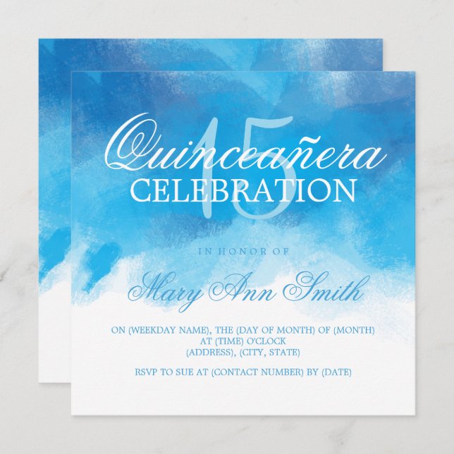 Convite Quinceanera 15 Birthday Summer Blue Watercolor (Frente/Verso)
