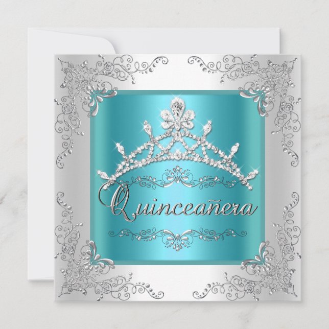 Convite Quinceanera 15 Birthday Teal Blue Silver Tiara (Frente)