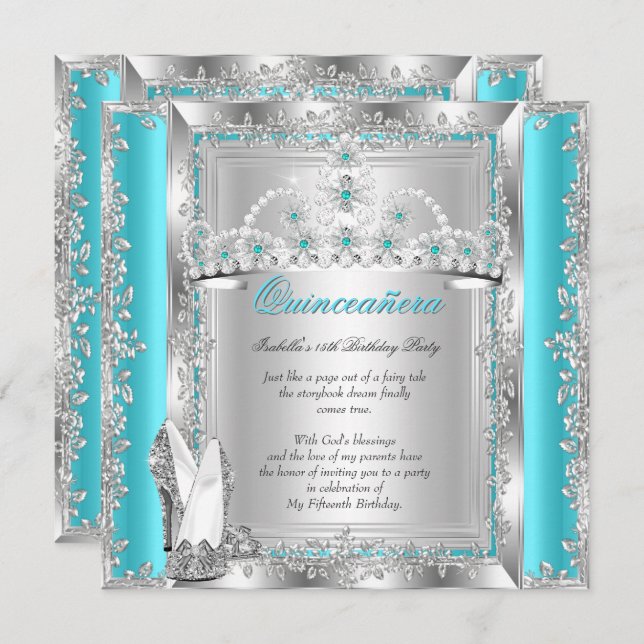 Convite Quinceanera 15 Birthday Teal Blue Silver Tiara a (Frente/Verso)
