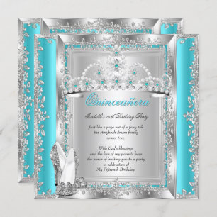 Convite Quinceanera 15 Birthday Teal Blue Silver Tiara a
