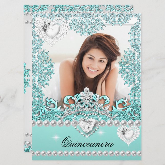 Convite Quinceanera 15 Birthday Teal Blue Silver White (Frente/Verso)