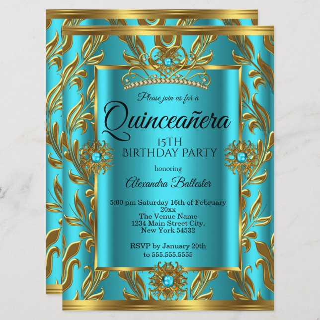 Convite Quinceanera 15 Birthday Teal Blue Tiara Dourado 2 (Frente/Verso)