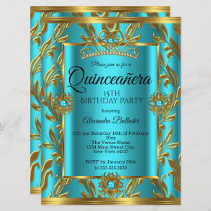 Convite Quinceanera 15 Birthday Teal Blue Tiara Dourado 2
