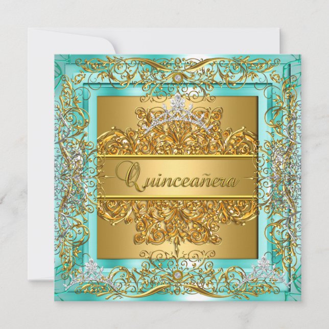 Convite Quinceañera 15 Birthday Teal Dourado Silver Tiara (Frente)